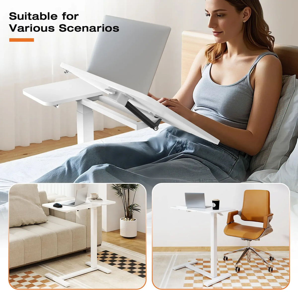 Adjustable Overbed Table with Wheels – Tilting Laptop Desk for Bed, One-Hand Gas Lift 29.5″–43.3″