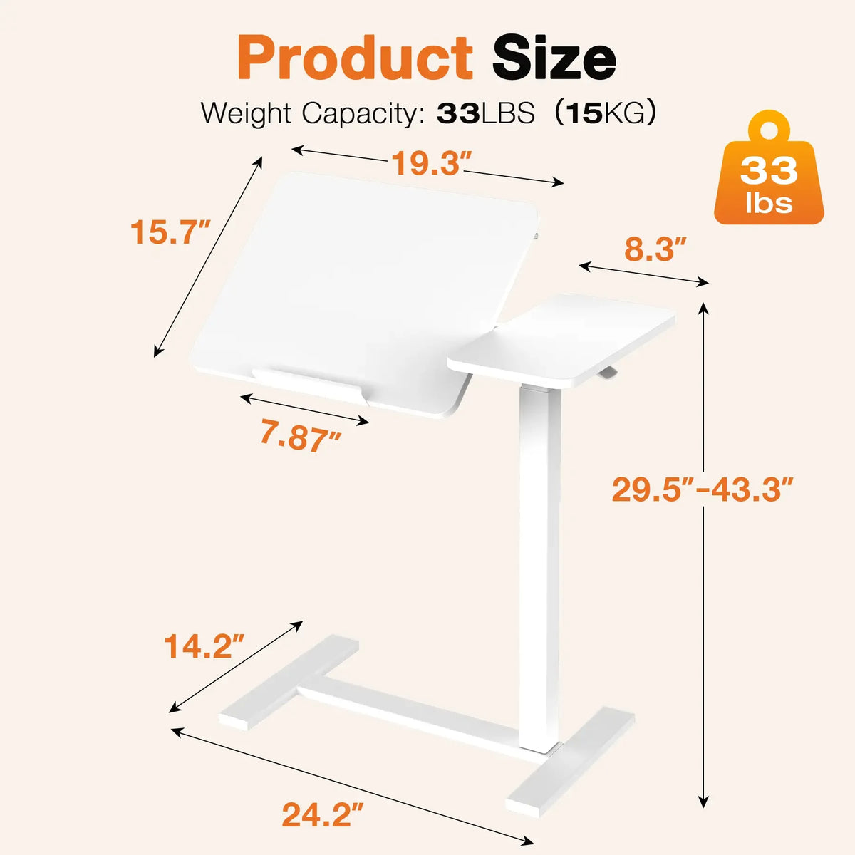 Adjustable Overbed Table with Wheels – Tilting Laptop Desk for Bed, One-Hand Gas Lift 29.5″–43.3″