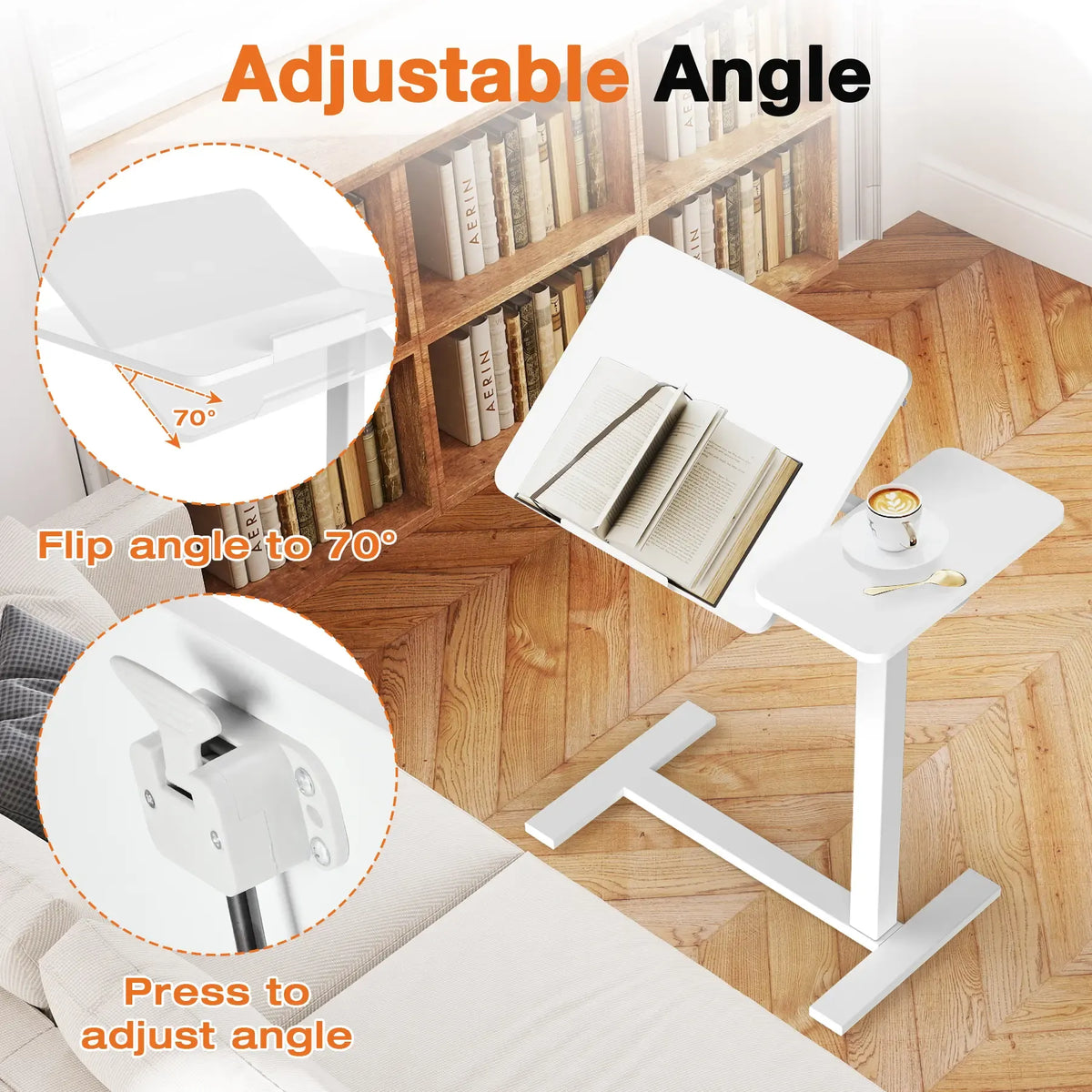 Adjustable Overbed Table with Wheels – Tilting Laptop Desk for Bed, One-Hand Gas Lift 29.5″–43.3″