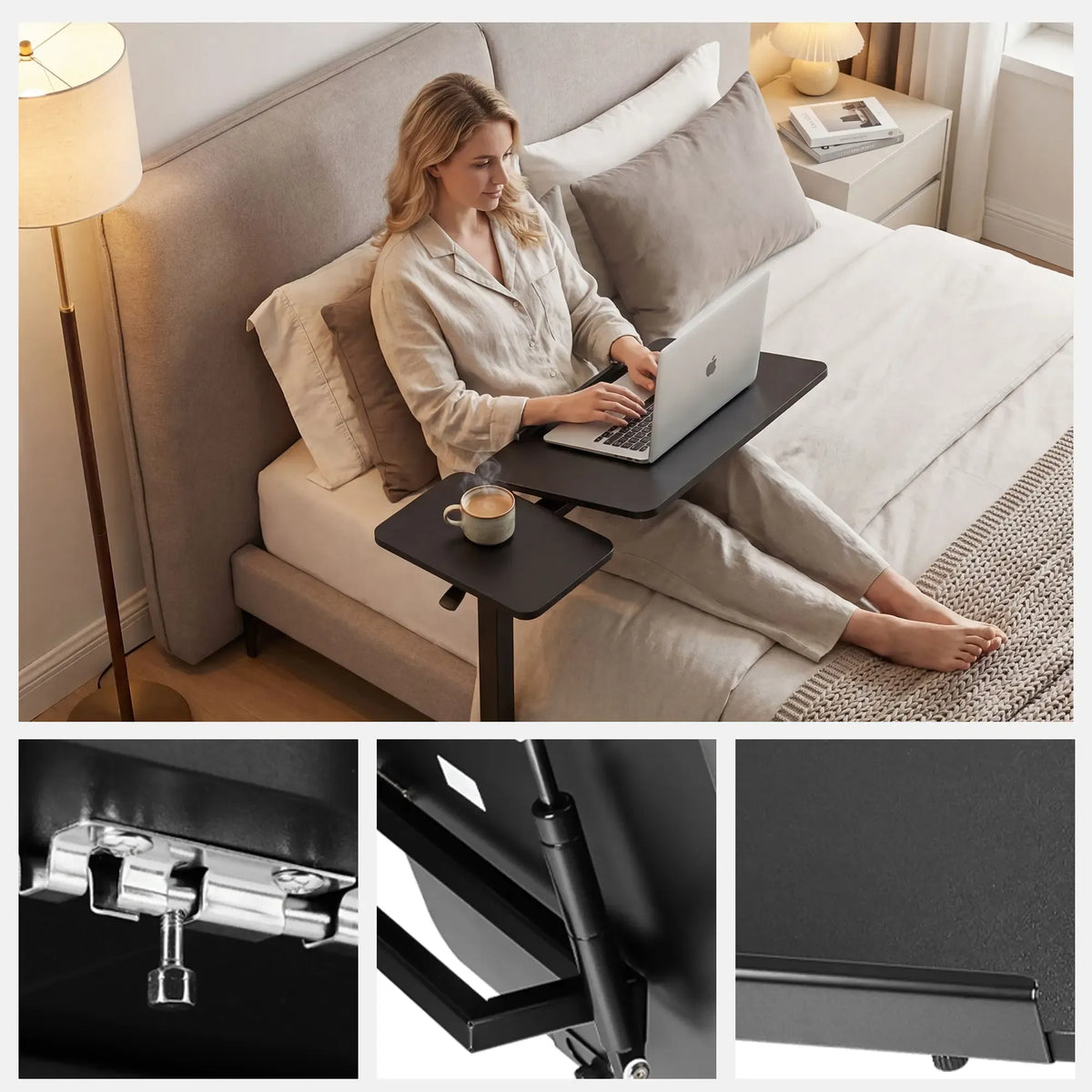 Adjustable Overbed Table with Wheels – Tilting Laptop Desk for Bed, One-Hand Gas Lift 29.5″–43.3″
