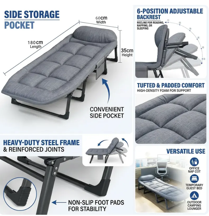 Portable Folding Lounge Bed – 6 Adjustable Positions for Personalized Comfort